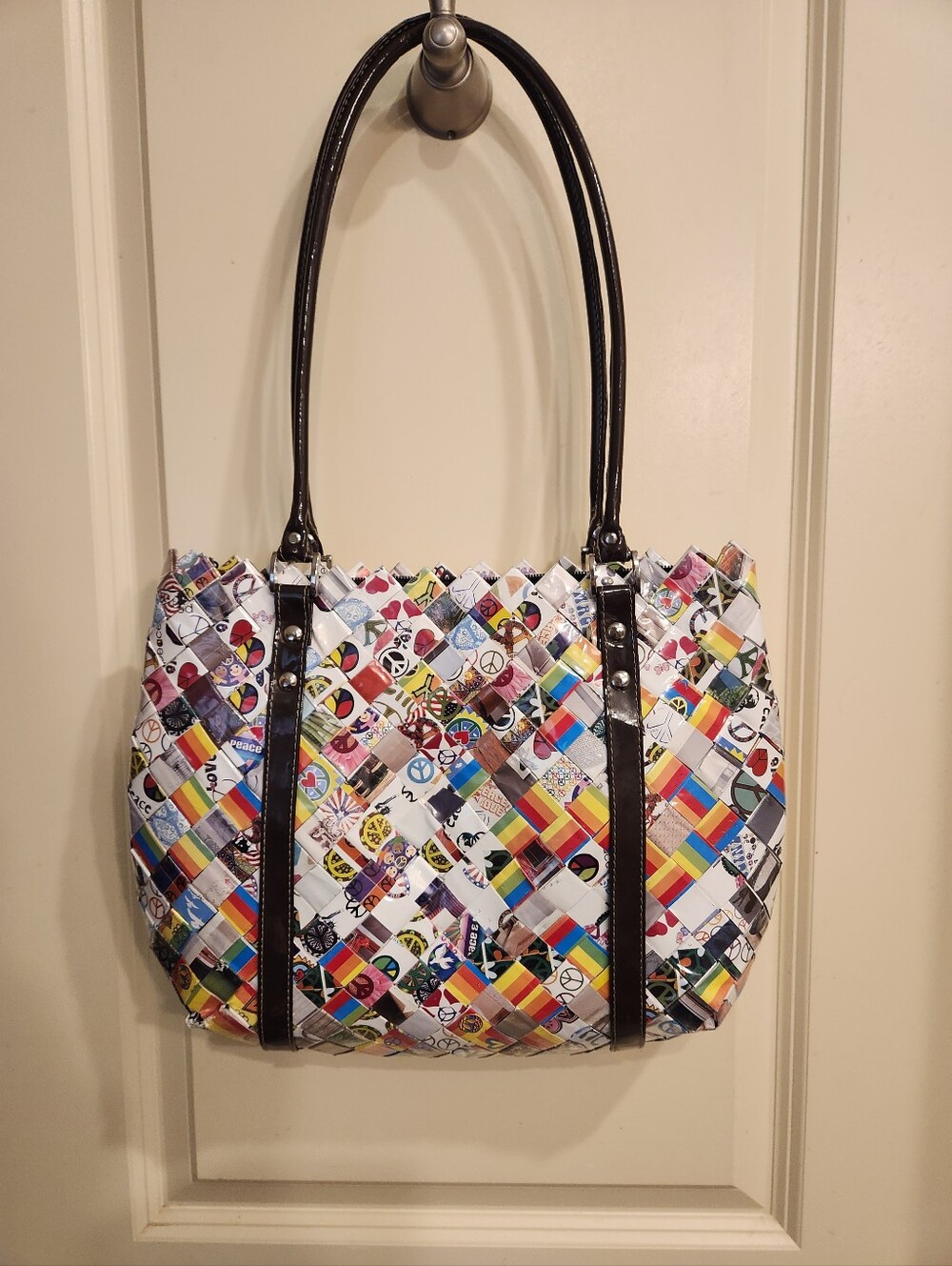 Nahui Ollin Multicolor Woven Candy Wrapper Tote Bag with Brown Handles